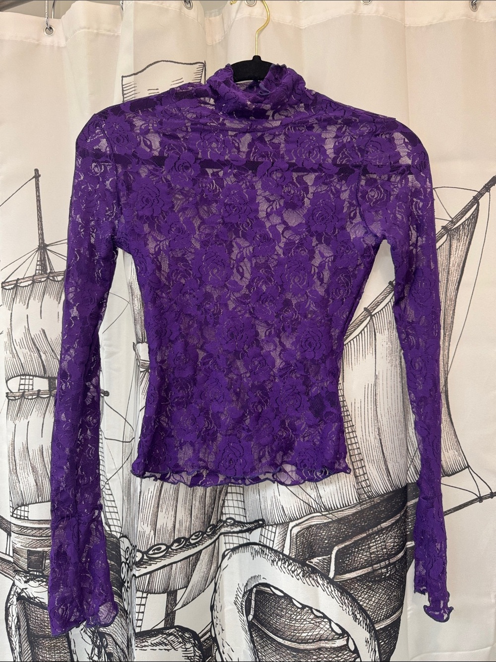 Urban Outfitters Purple Sheer Floral Lace Long Sleeve Mock Neck Top